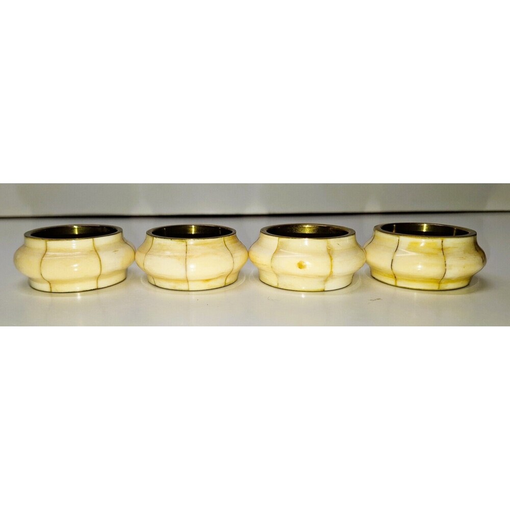 Boho 4 Pack Vintage Brass Inlay Cream Ivory Glaze Napkin Rings 1980s Collectible
